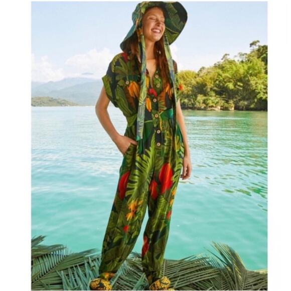 Farm Rio Cocoa Forest Jumpsuit Romper Size: Large Tropical Beach Vacation - Picture 1 of 11